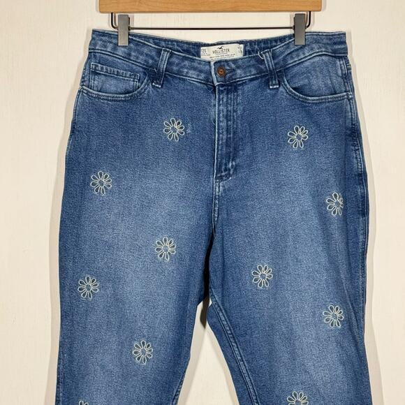 Hollister Mom Jeans Sz 31 Short Blue Embroidered Floral Curvy High Rise Raw Hem - Picture 3 of 10